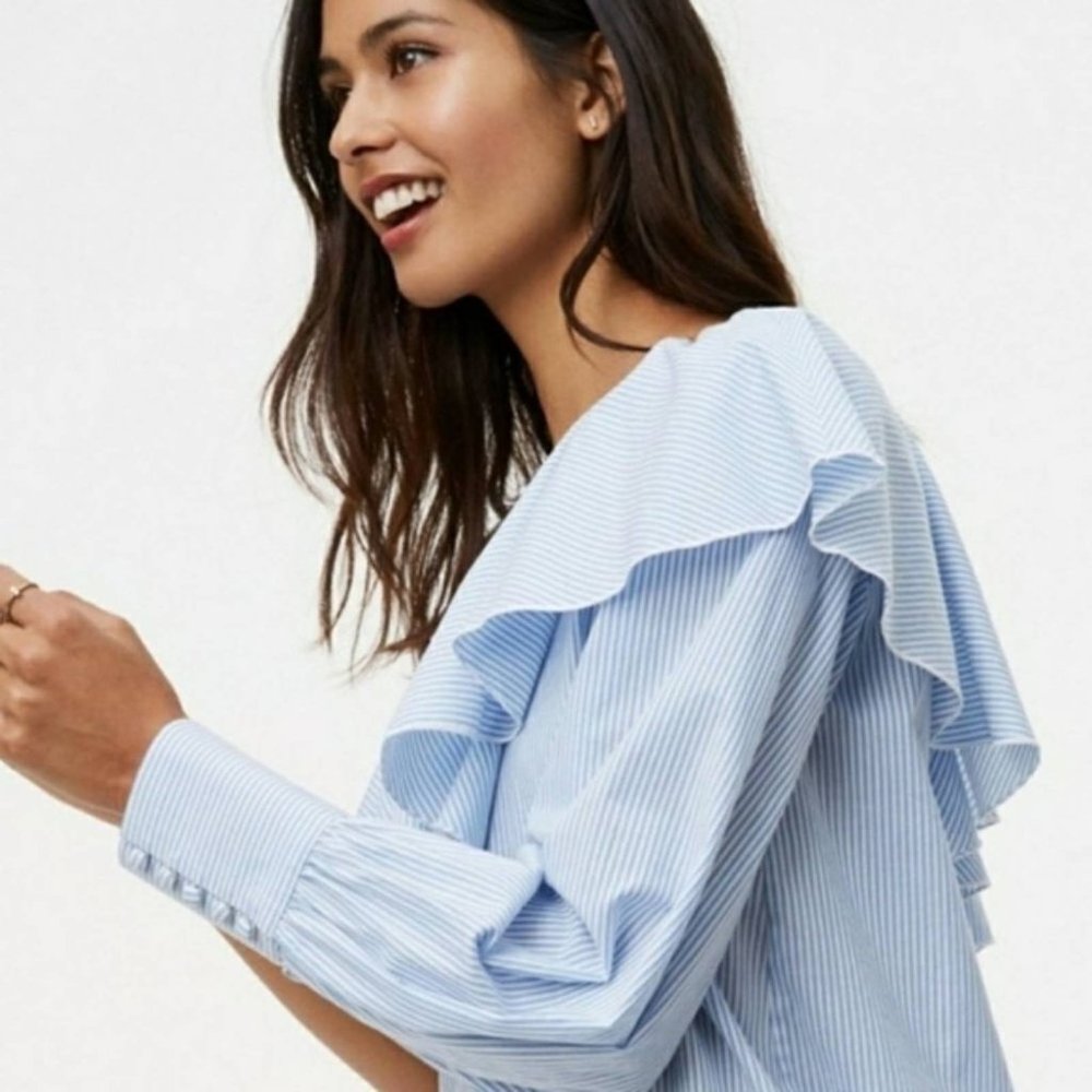 LOFT Railroad Striped Ruffle One Shoulder Top - Picture 6 of 7